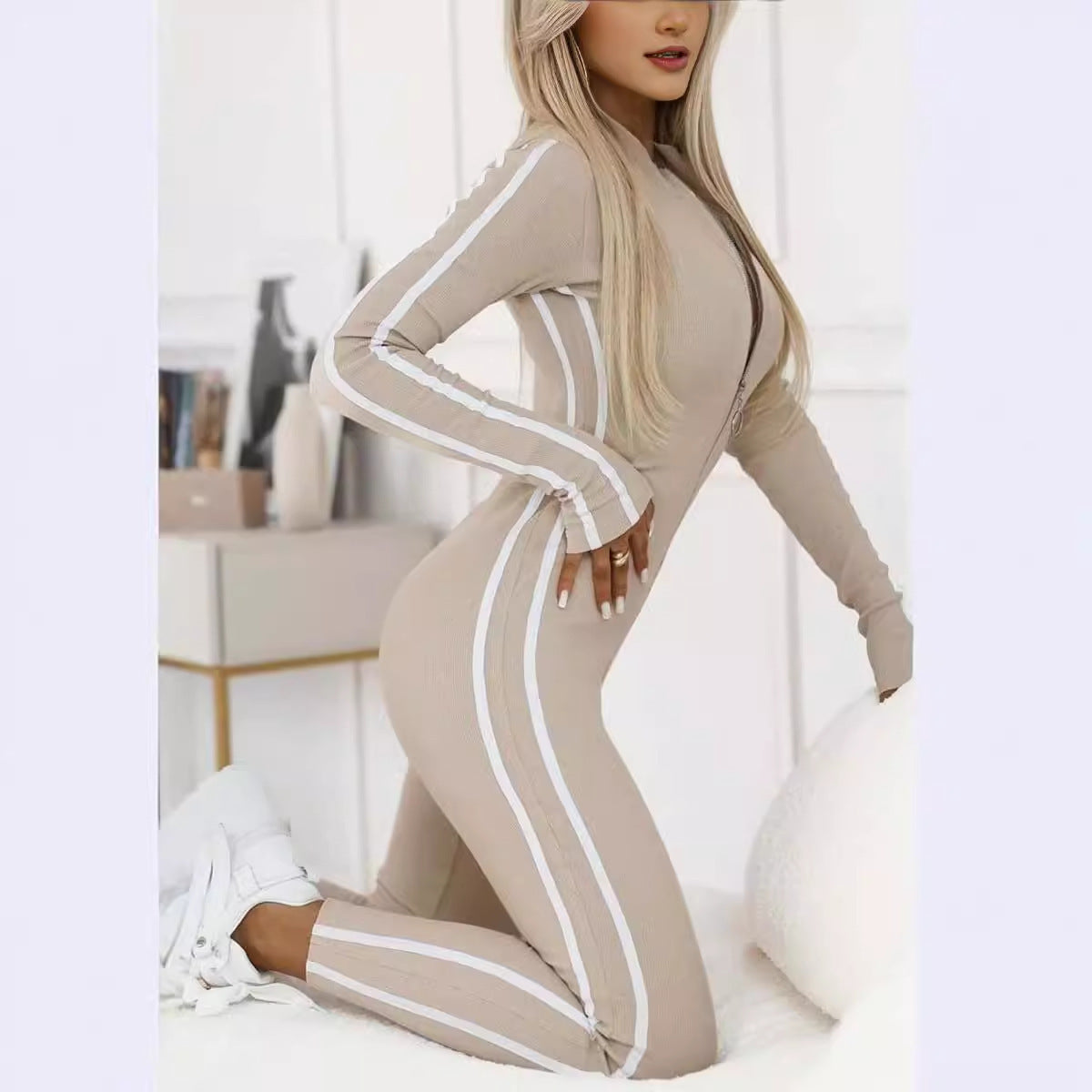Women's Slim Striped Half Zipper Jumpsuit