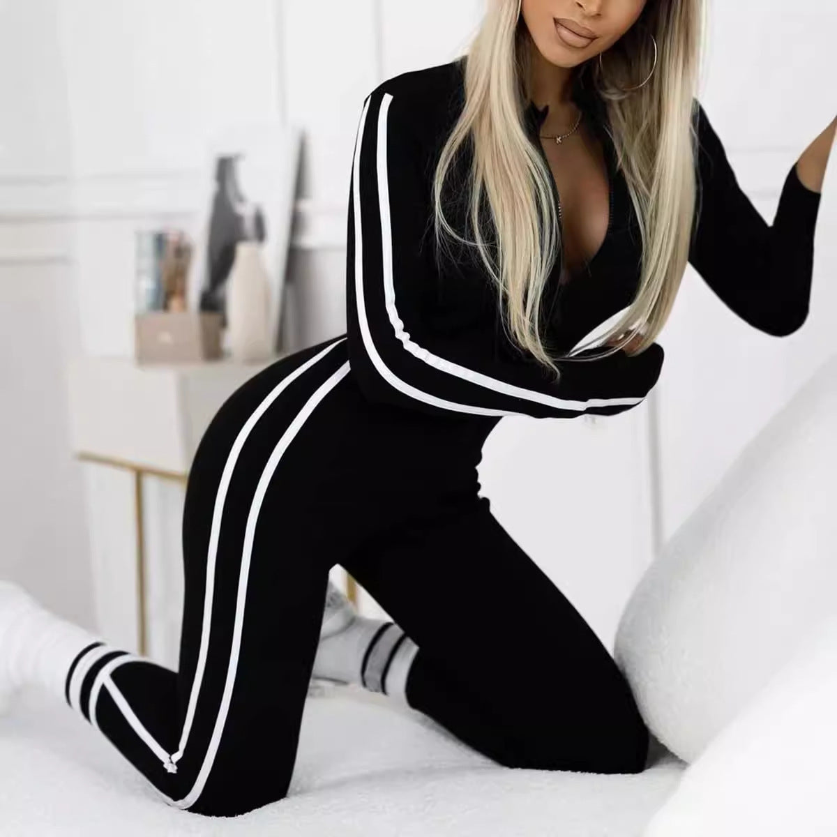 Women's Slim Striped Half Zipper Jumpsuit