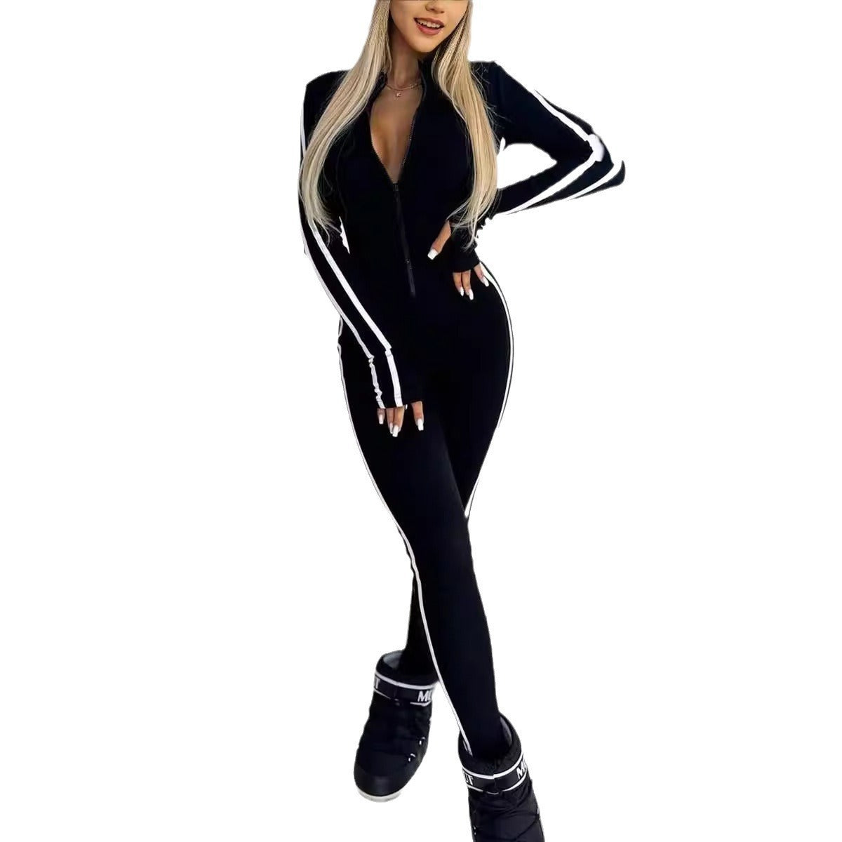 Women's Slim Striped Half Zipper Jumpsuit