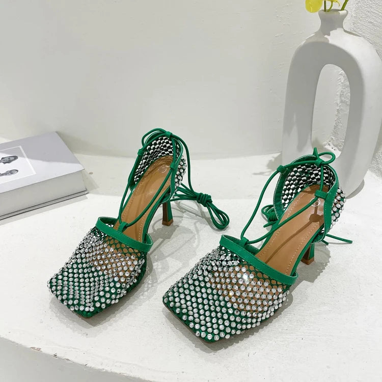 High Heel Rhinestone Fishnet Pumps With Square Toe- Ankle Cross