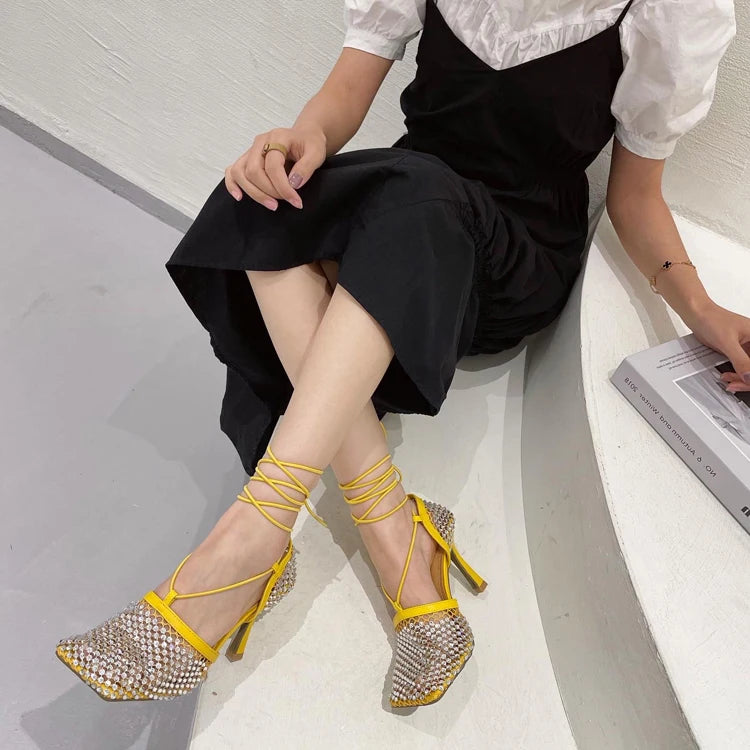 High Heel Rhinestone Fishnet Pumps With Square Toe- Ankle Cross