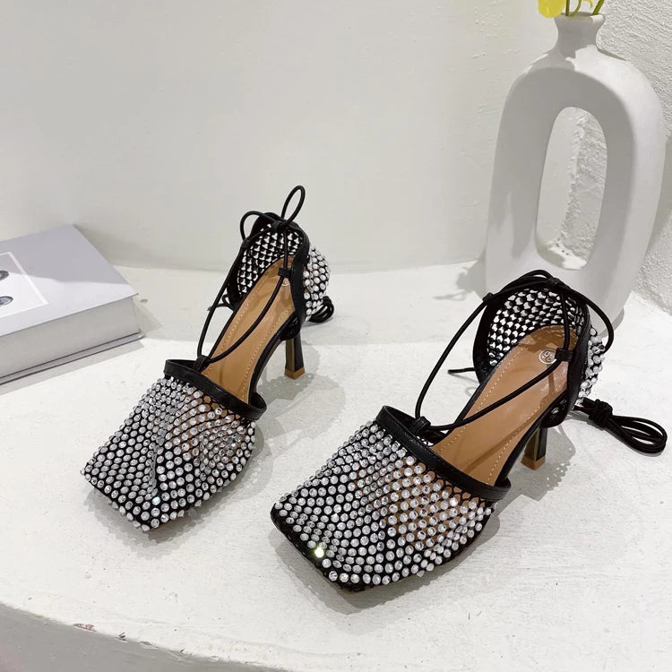 High Heel Rhinestone Fishnet Pumps With Square Toe- Ankle Cross