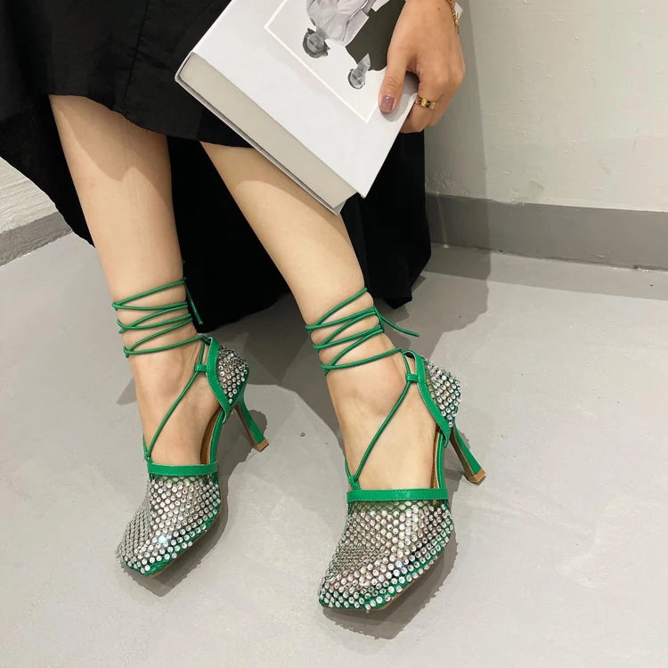 High Heel Rhinestone Fishnet Pumps With Square Toe- Ankle Cross