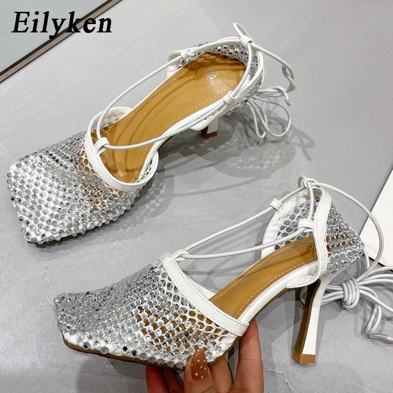 High Heel Rhinestone Fishnet Pumps With Square Toe- Ankle Cross