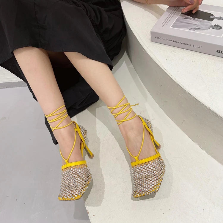High Heel Rhinestone Fishnet Pumps With Square Toe- Ankle Cross