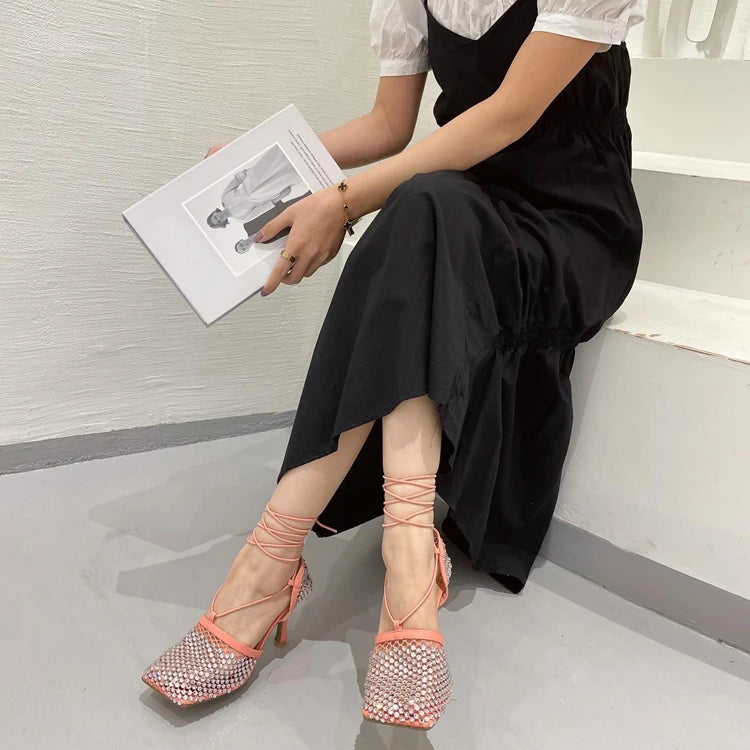 High Heel Rhinestone Fishnet Pumps With Square Toe- Ankle Cross