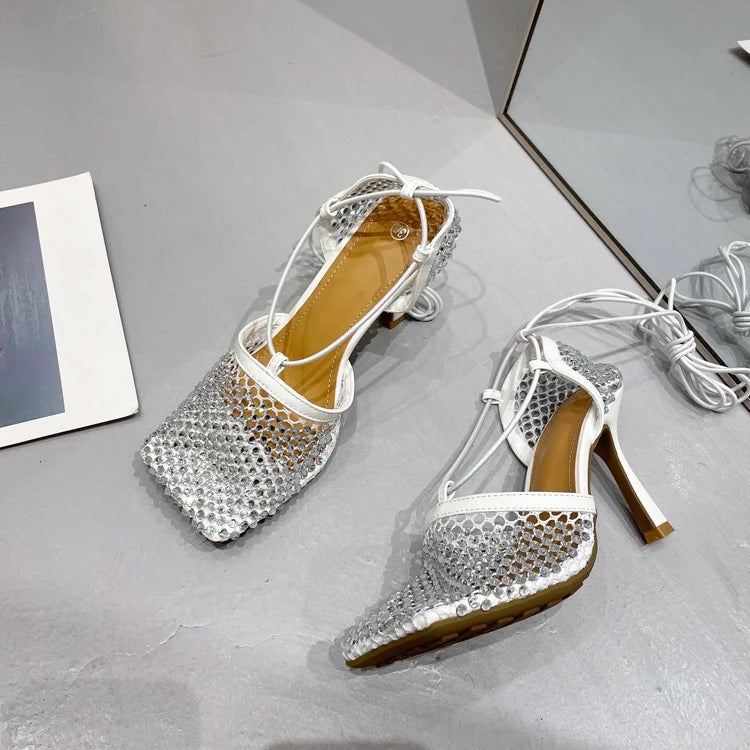 High Heel Rhinestone Fishnet Pumps With Square Toe- Ankle Cross