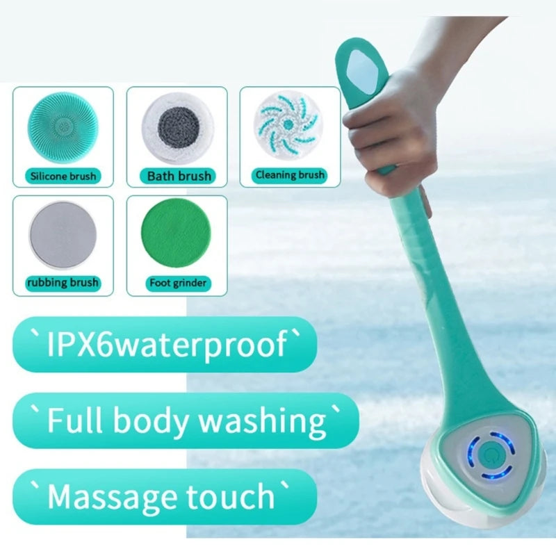 Multifunction Electric Shower Brush Long Handle Bath and Body Brush IP67 Waterproof Exfoliating Body Cleaning Brush