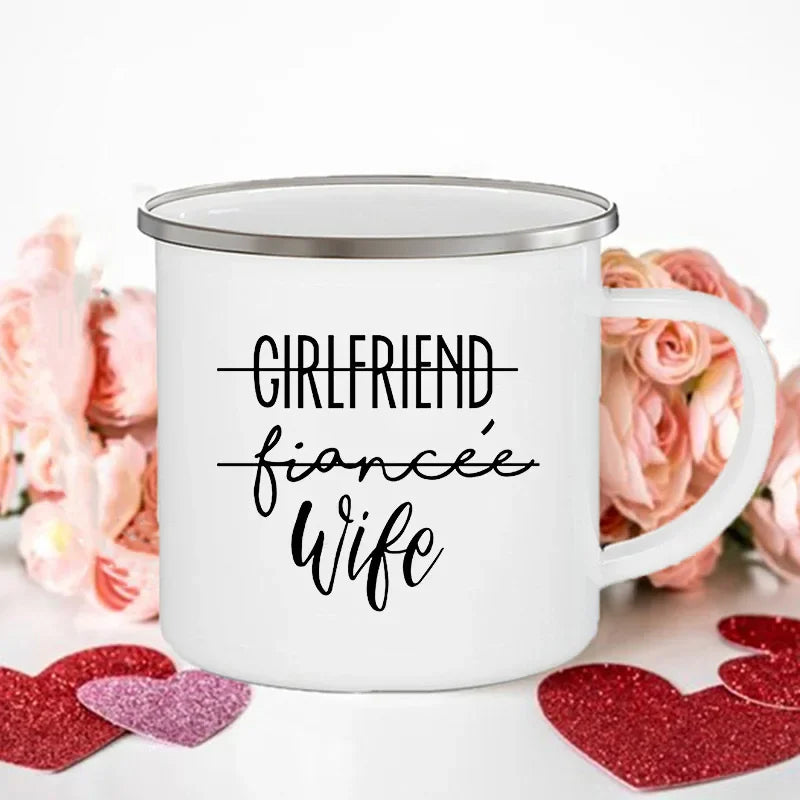 King Queen Print Couples Cups Creative Enamel Mug Outdoor Travel Camping Bonfire Coffee Water Cup Lover Mug Valentine's Day Gift