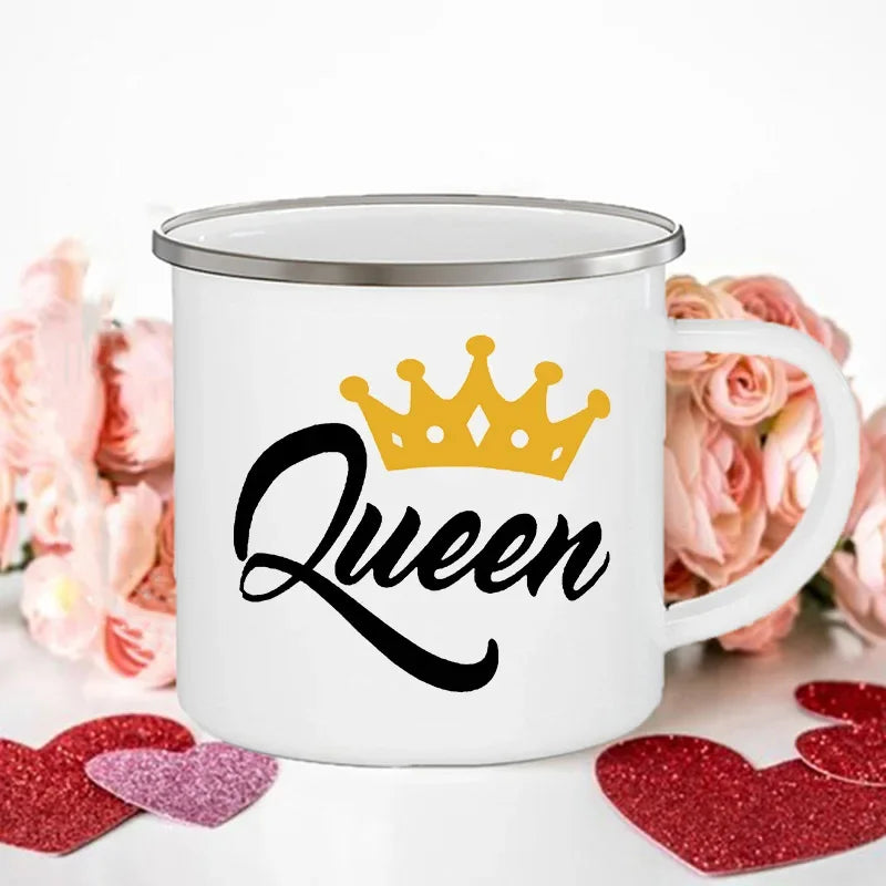 King Queen Print Couples Cups Creative Enamel Mug Outdoor Travel Camping Bonfire Coffee Water Cup Lover Mug Valentine's Day Gift