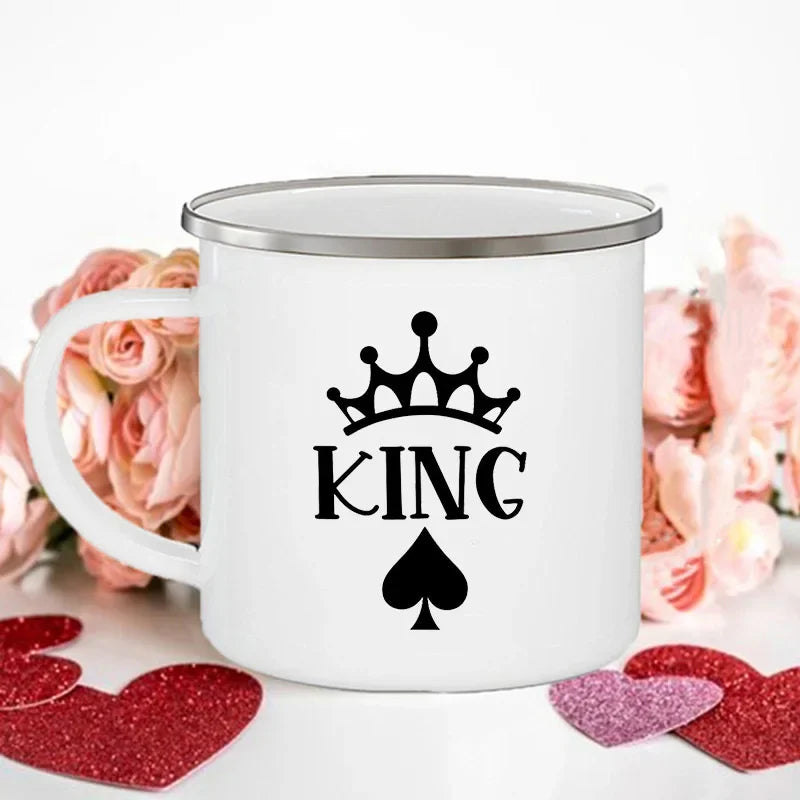 King Queen Print Couples Cups Creative Enamel Mug Outdoor Travel Camping Bonfire Coffee Water Cup Lover Mug Valentine's Day Gift