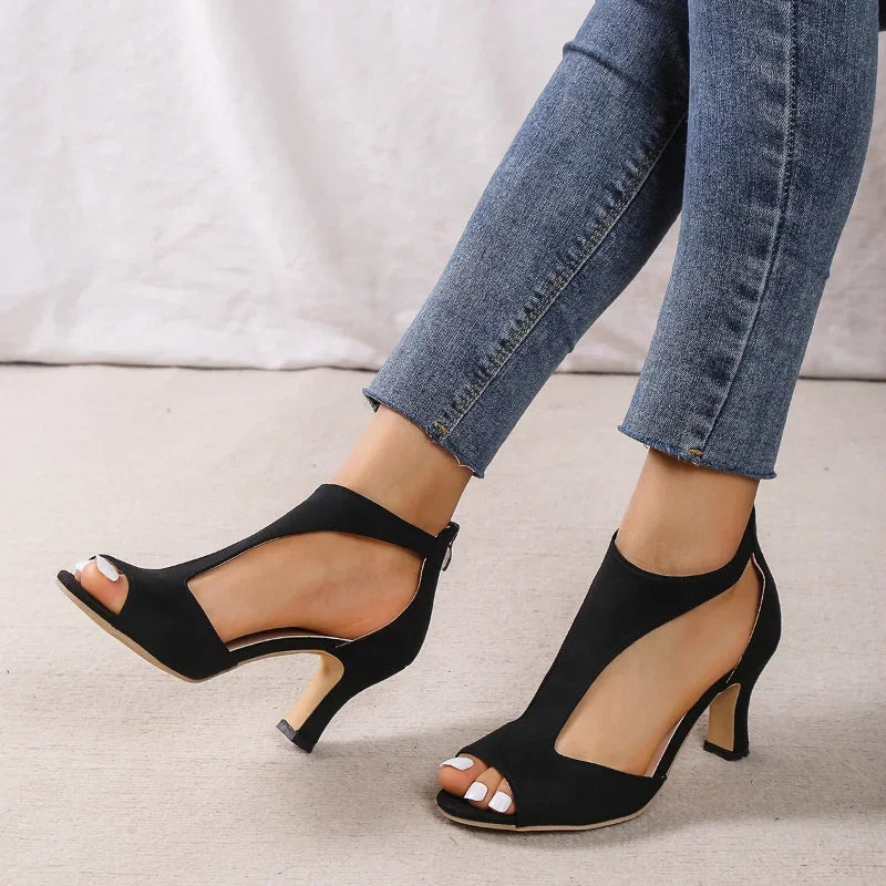 Simple and Fashionable Back Zipper Fishmouth Shoes Women's Side Stiletto Roman Sandals