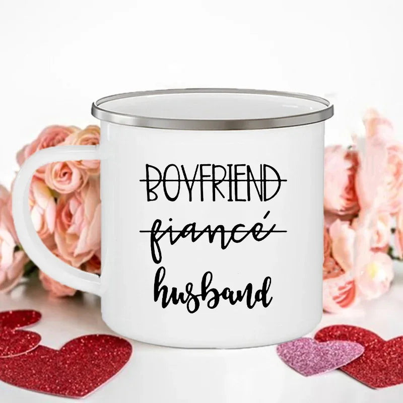 King Queen Print Couples Cups Creative Enamel Mug Outdoor Travel Camping Bonfire Coffee Water Cup Lover Mug Valentine's Day Gift
