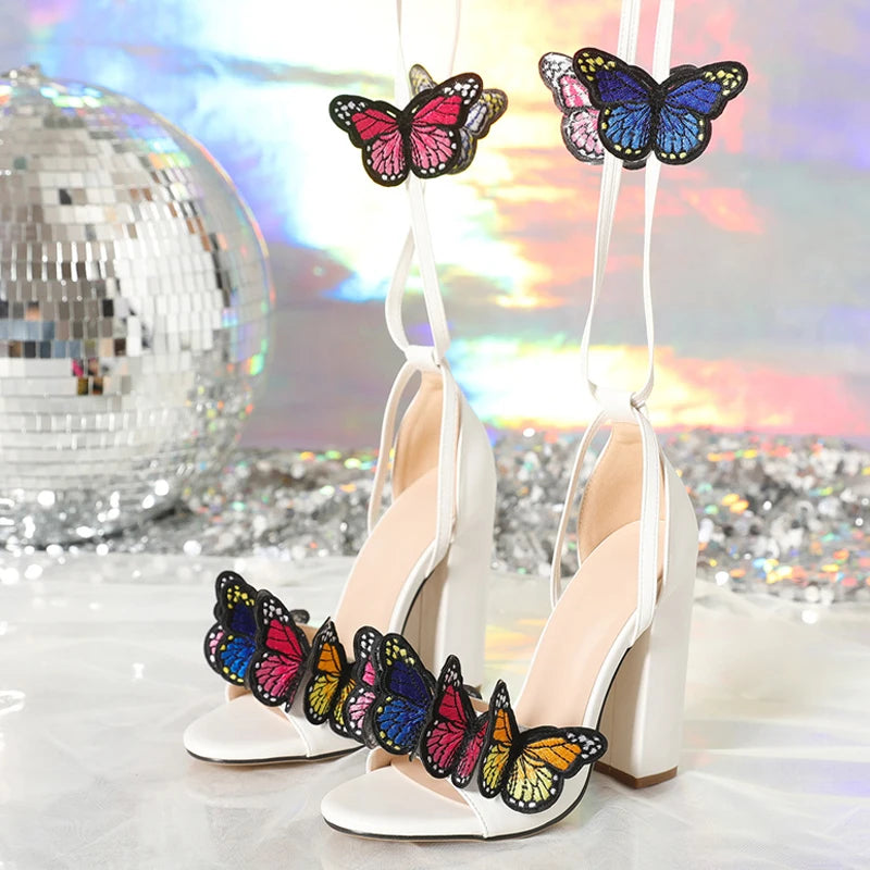 Liyke 2025 New Arrivals Open Toe White Sandals For Women Handwork Embroidery Butterfly Lace Up High Heels Party Dress Shoe Pumps