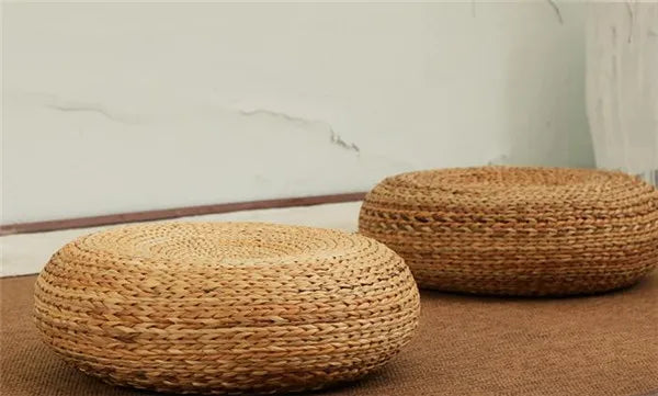 Handcrafted Eco-friendly Breathable Padded Knitted Straw Seat Cushion Banana Bark Pouf Ottoman