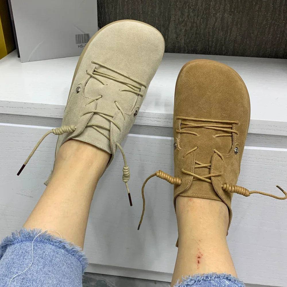 Genuine Leather Lace Up Flats
