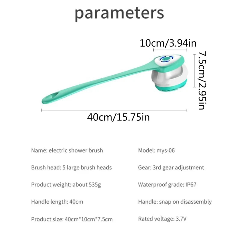 Multifunction Electric Shower Brush Long Handle Bath and Body Brush IP67 Waterproof Exfoliating Body Cleaning Brush