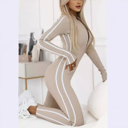 Women's Slim Striped Half Zipper Jumpsuit