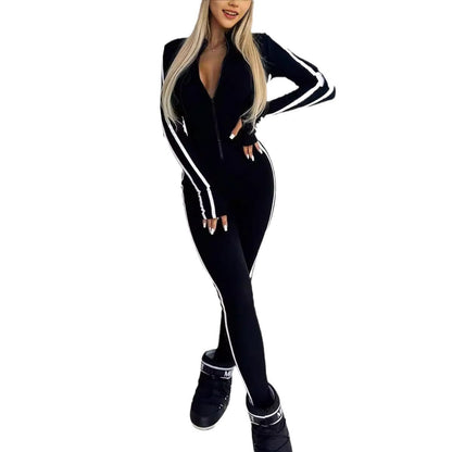 Women's Slim Striped Half Zipper Jumpsuit