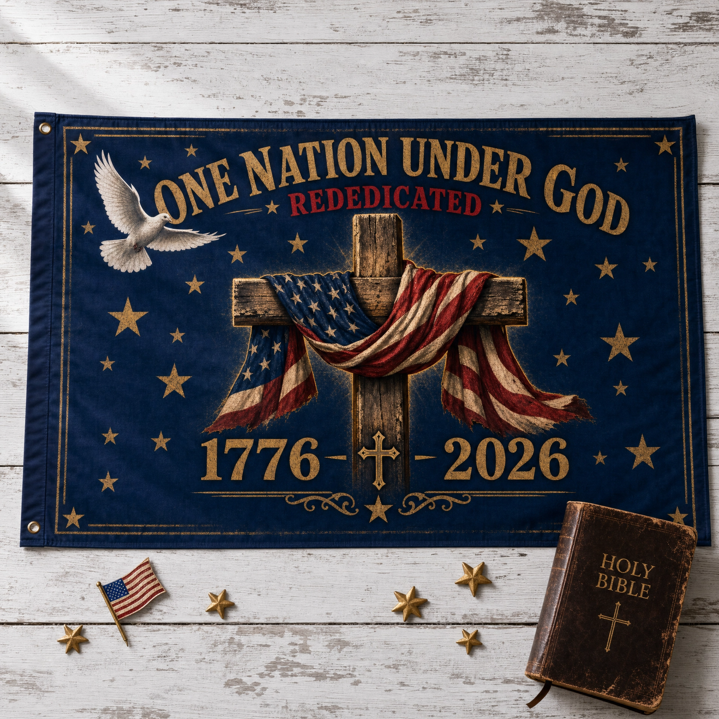 One Nation Under God Double-Sided Flag — 1776-2026 Patriotic Cross & Dove Memorial Flag