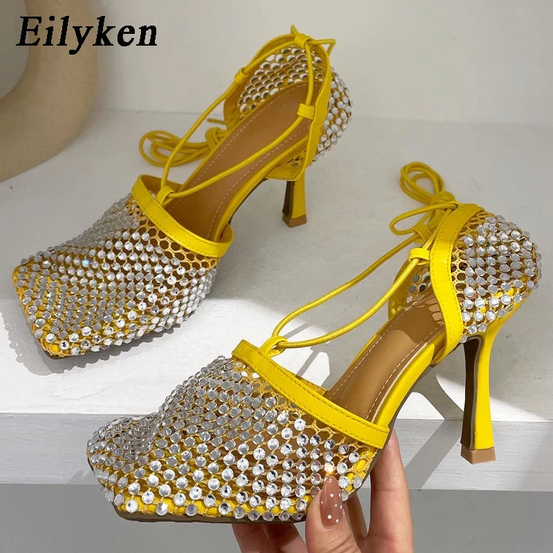 High Heel Rhinestone Fishnet Pumps With Square Toe- Ankle Cross