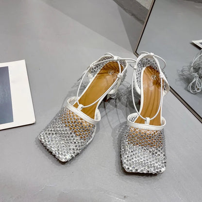 High Heel Rhinestone Fishnet Pumps With Square Toe- Ankle Cross