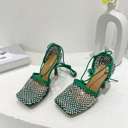 High Heel Rhinestone Fishnet Pumps With Square Toe- Ankle Cross