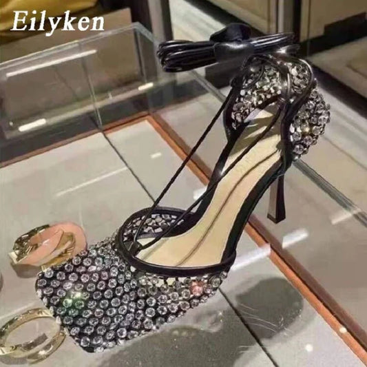 High Heel Rhinestone Fishnet Pumps With Square Toe- Ankle Cross