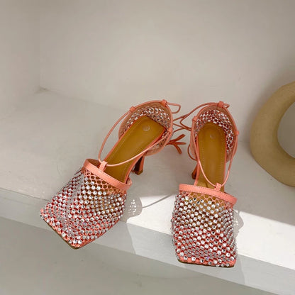 High Heel Rhinestone Fishnet Pumps With Square Toe- Ankle Cross