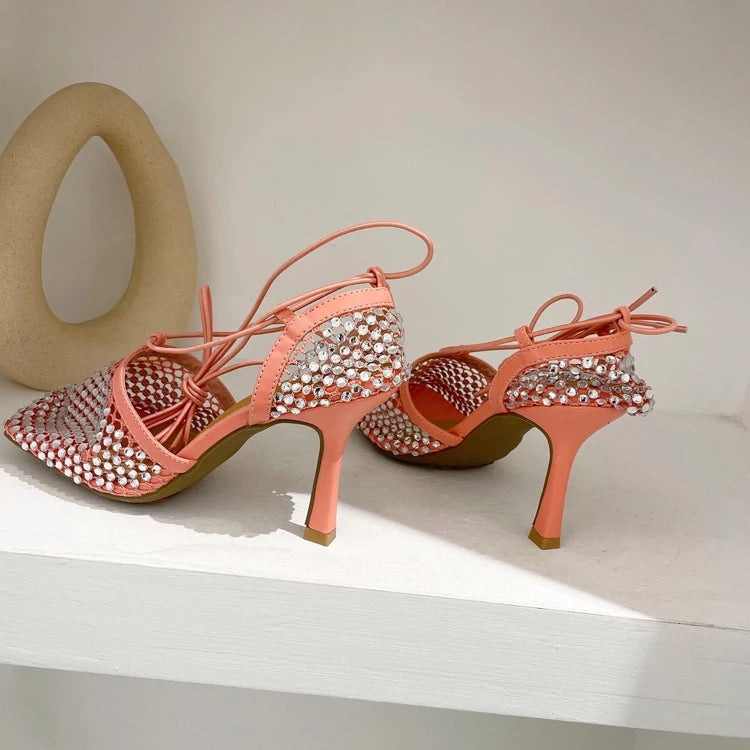 High Heel Rhinestone Fishnet Pumps With Square Toe- Ankle Cross
