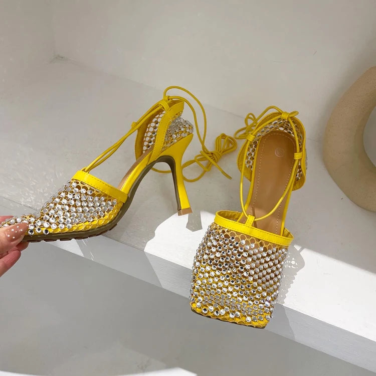 High Heel Rhinestone Fishnet Pumps With Square Toe- Ankle Cross
