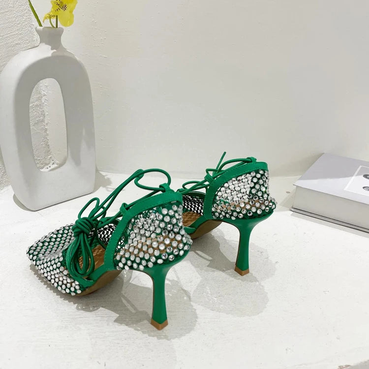 High Heel Rhinestone Fishnet Pumps With Square Toe- Ankle Cross