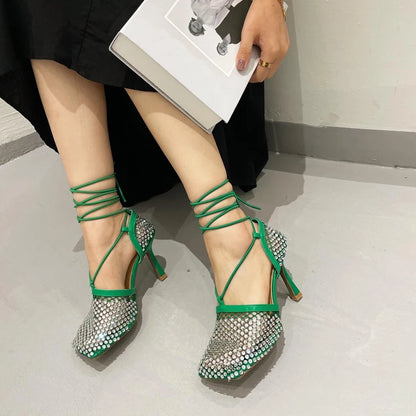 High Heel Rhinestone Fishnet Pumps With Square Toe- Ankle Cross