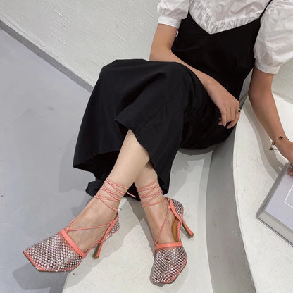 High Heel Rhinestone Fishnet Pumps With Square Toe- Ankle Cross