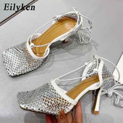 High Heel Rhinestone Fishnet Pumps With Square Toe- Ankle Cross