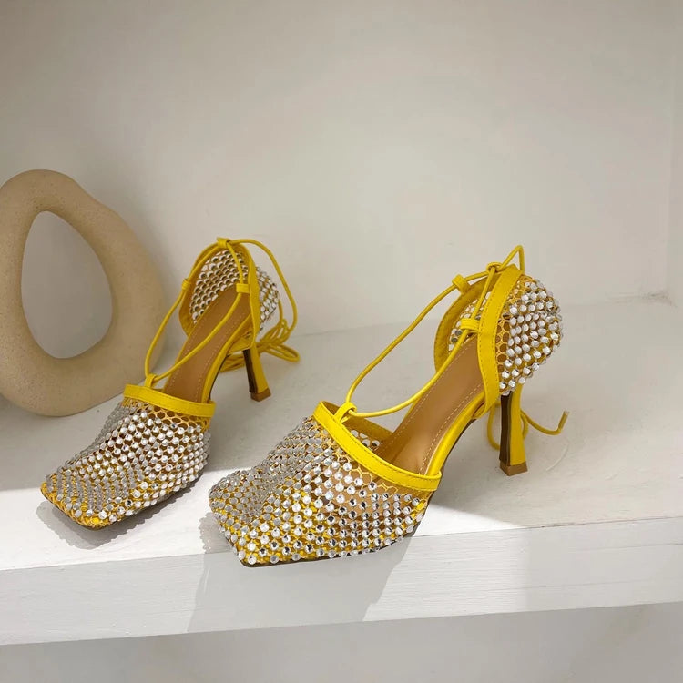 High Heel Rhinestone Fishnet Pumps With Square Toe- Ankle Cross