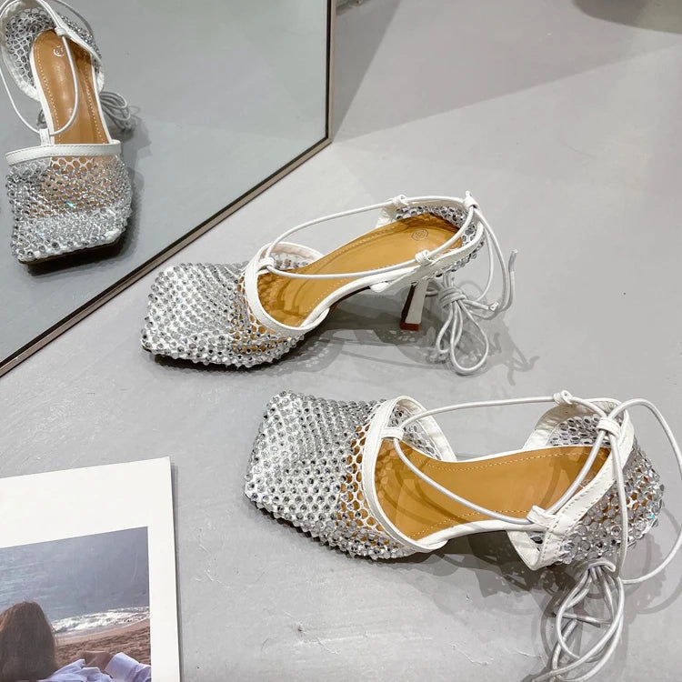 High Heel Rhinestone Fishnet Pumps With Square Toe- Ankle Cross