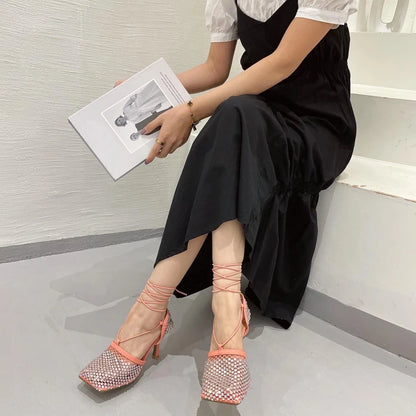 High Heel Rhinestone Fishnet Pumps With Square Toe- Ankle Cross