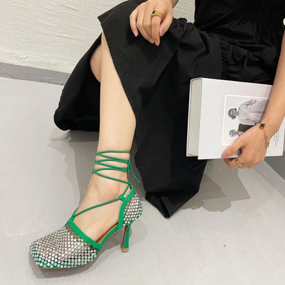 High Heel Rhinestone Fishnet Pumps With Square Toe- Ankle Cross
