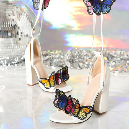 Liyke 2025 New Arrivals Open Toe White Sandals For Women Handwork Embroidery Butterfly Lace Up High Heels Party Dress Shoe Pumps
