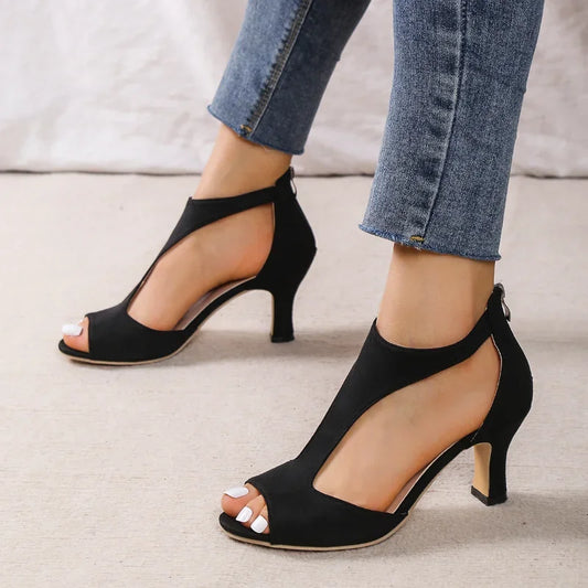 Simple and Fashionable Back Zipper Fishmouth Shoes Women's Side Stiletto Roman Sandals