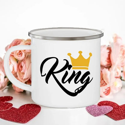 King Queen Print Couples Cups Creative Enamel Mug Outdoor Travel Camping Bonfire Coffee Water Cup Lover Mug Valentine's Day Gift