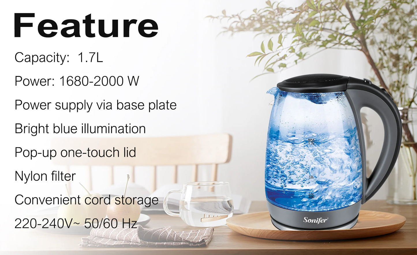 1.7L Glass Health Preserving Pot Electric Kettle with Led Lighting