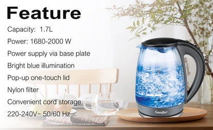 1.7L Glass Health Preserving Pot Electric Kettle with Led Lighting