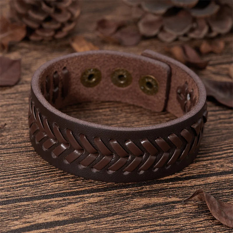 Vintage Black Brown Braided Wide Wrap Bracelets For Men Punk Buckle Leather Bracelet & Bangle Couple Wristband Jewelry Male Gift
