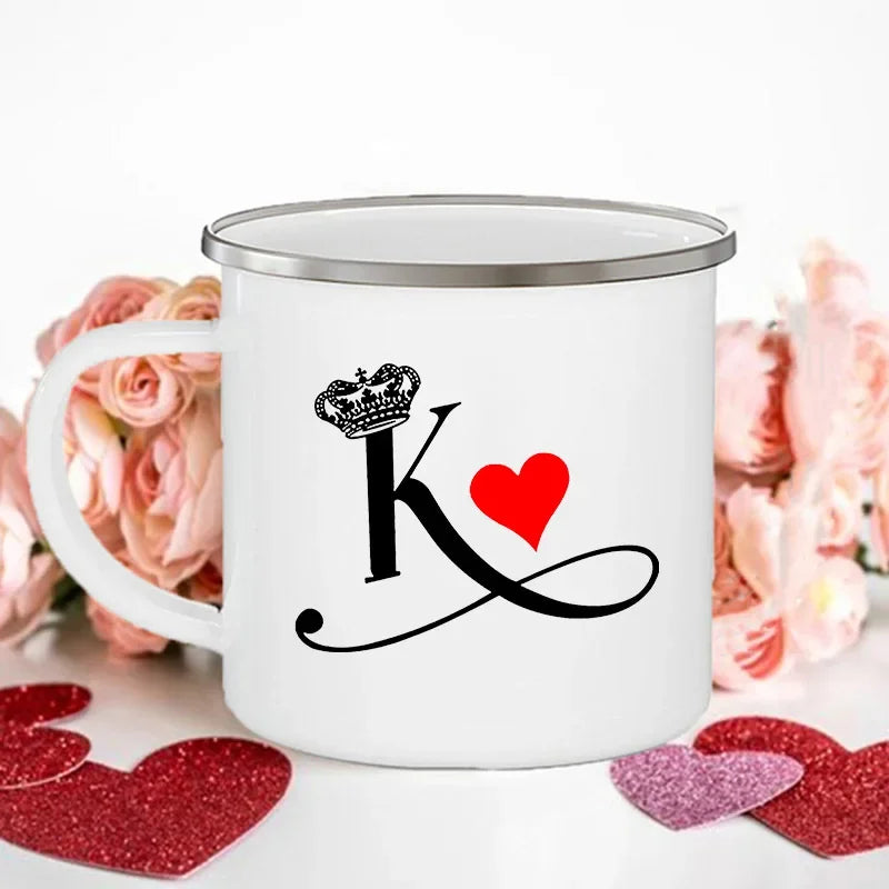 King Queen Print Couples Cups Creative Enamel Mug Outdoor Travel Camping Bonfire Coffee Water Cup Lover Mug Valentine's Day Gift