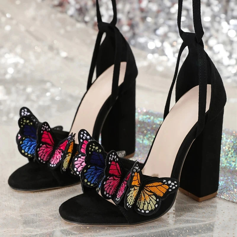 Liyke 2025 New Arrivals Open Toe White Sandals For Women Handwork Embroidery Butterfly Lace Up High Heels Party Dress Shoe Pumps