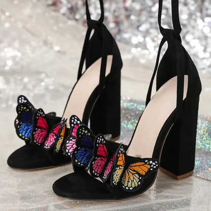 Liyke 2025 New Arrivals Open Toe White Sandals For Women Handwork Embroidery Butterfly Lace Up High Heels Party Dress Shoe Pumps