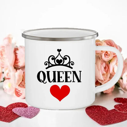 King Queen Print Couples Cups Creative Enamel Mug Outdoor Travel Camping Bonfire Coffee Water Cup Lover Mug Valentine's Day Gift