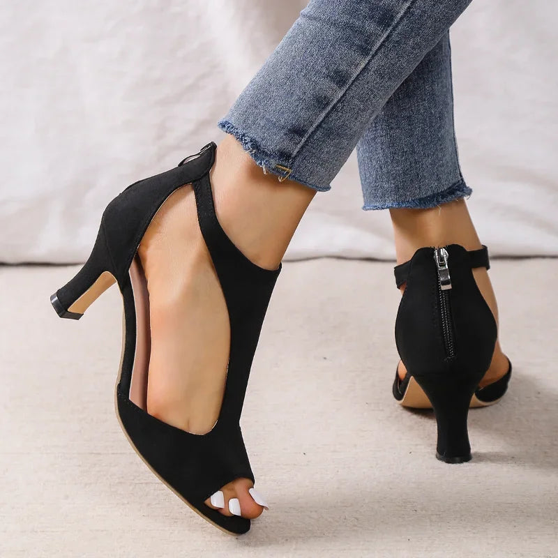 Simple and Fashionable Back Zipper Fishmouth Shoes Women's Side Stiletto Roman Sandals
